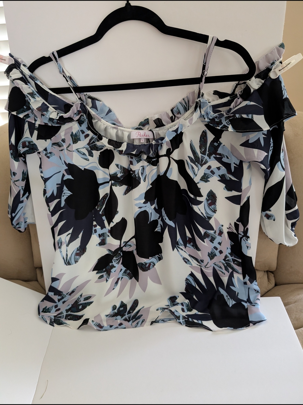 Parker Off-Shoulder Floral Blouse in White and Navy with spaghetti straps